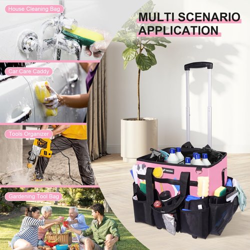 VSHXENG Large Rolling Cleaning Caddy Bag with Wheels, with Detachable Trolley, Cleaning Bags on Wheels for Housekeepers, Cleaning Cart Supplies Organizer for Home, Car, Picnic (Pink)