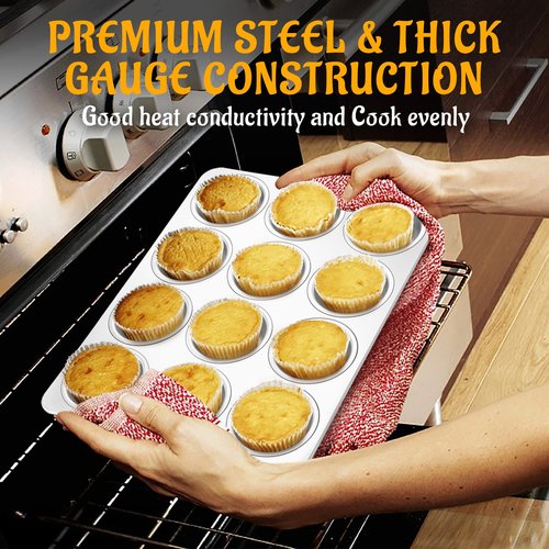 E-far Stainless Steel Muffin Pan Set of 5, 12 Cups Cupcake Pans Tins for Baking, Non-Toxic Metal Muffin Tray Molds for Small Mini Cupcake, Heavy Duty & Regular Size, Rust Free & Dishwasher Safe