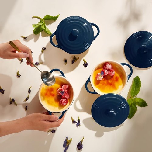Kook Ceramic Mini Cocotte Set - Small Casserole Dishes with Lids | Oven Safe 350°F, 12 oz, Set of 4 (Navy)