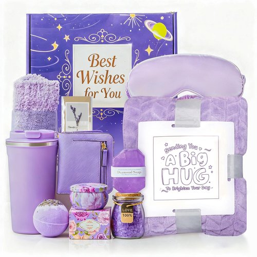 Gift Basket for Women, Birthday Gifts for Women Self Care Gifts Get Well Soon Gifts, Flannel Blanket,Tumbler, Relaxing Spa Gifts for Mom Best Friend Wife Girlfriend Sister Her (Purple)