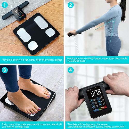 KUAIVO 8-Electrode Smart Body Fat Scale with Handle, 28 Body Metrics, Segmental Measurements for Arms/Legs/Torso for Arms/Legs/Torso, Large Display, App Sync, 180kg/400lbs