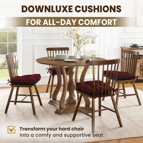 downluxe Indoor Chair Cushions for Dining Chairs, Tufted Overstuffed Textured Kitchen Chair Pads with Ties and Non-Slip Backing, 15.5" x 15.5" x 4", Burgundy, 4 Pack