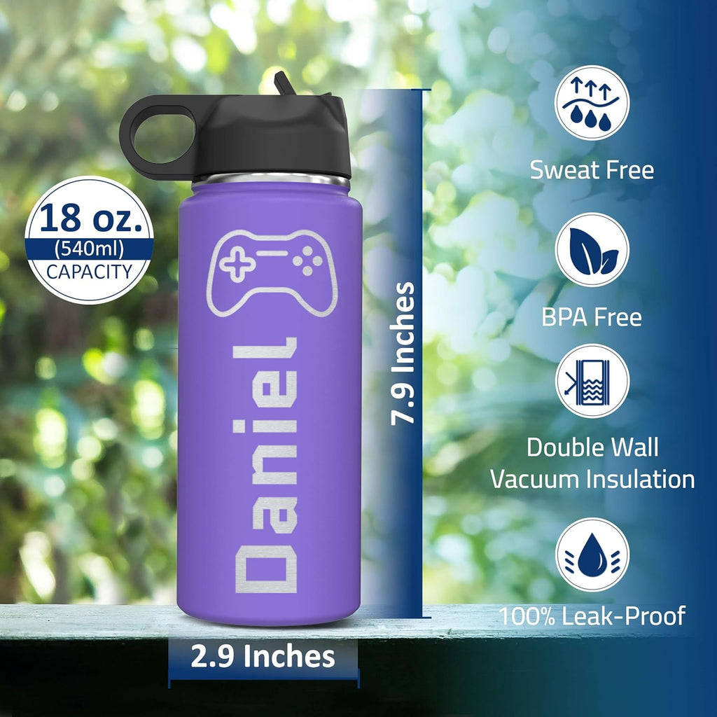Skiennix Personalized Boys Water Bottle - Insulated Stainless Steel with Flip Top Lid & Straw - 18 oz.