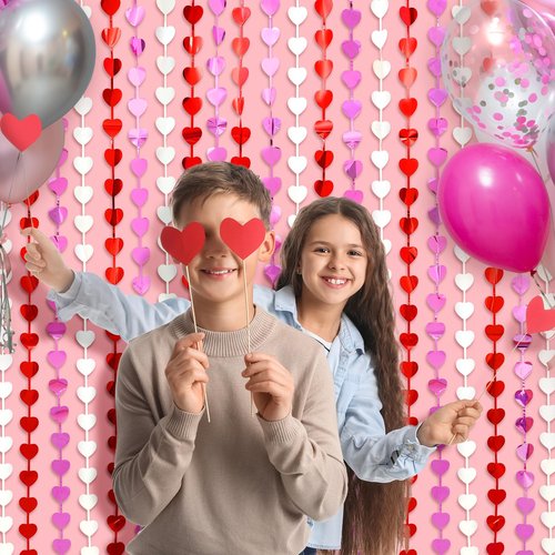 LOLStar Valentines Decorations, 2 Pack Valentines Party Decoration,3.3x6.6ft Red, Pink, White Heart Shape Tinsel Foil Fringe Curtains Photo Backdrop,Streamer Backdrop for Birthday,Engagement,Wedding