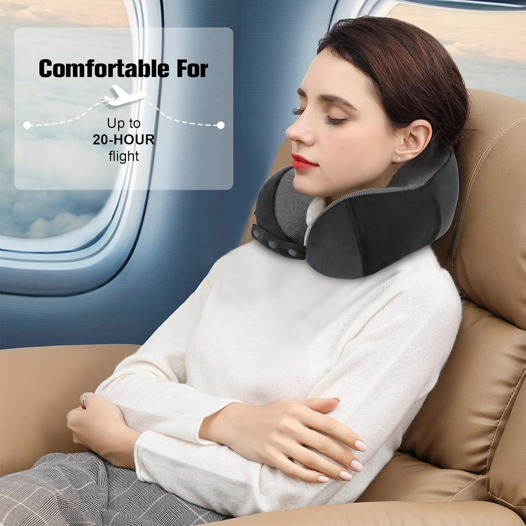 Cirorld Travel Neck Pillow - 100% Pure Memory Foam, Adjustable Comfort with Eye Mask & Earplugs | Portable Travel Accessory