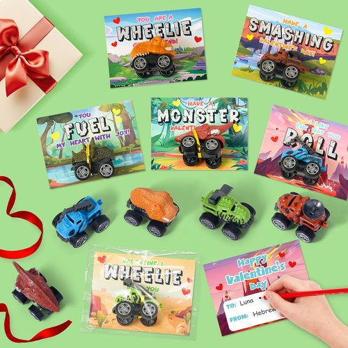 SANANT Valentines Day Cards for Kids School - 24 Pack Pull Back Monster Dinosaur Truck Toys with Cards, Valentines Day Gifts for Kids, Valentines Classroom Exchange Prizes, School Party Favor Toys