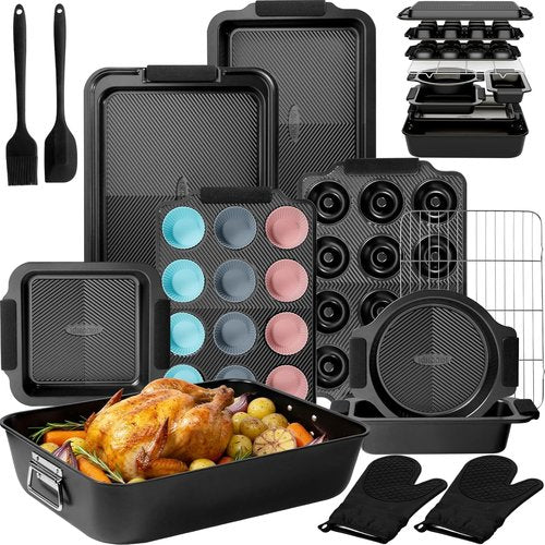 Kikcoin 25 PCS Non-Stick Baking Pans Set - Heavy-Duty Silicone Handle Cookie Sheets | Oven Safe to 450°F