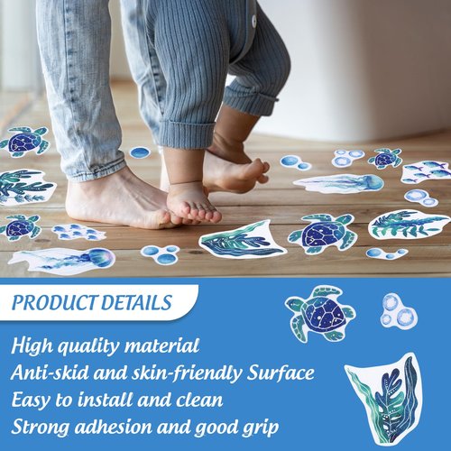 JarThenaAMCS 24 Pcs Turtle Non Slip Bathtub Sticker with Scraper Gradient Blue Anti Slip Shower Tread Adhesive Ocean Animal Shower Decal for Bathroom Floor Decoration