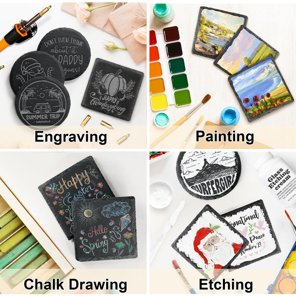 60 PCS Slate Coasters Bulk, MAPRIAL 4 Inch 30PCS Black Round, 30PCS Hexagon Stone Coasters for Laser Engraving, Handmade Drink Coaster Engravable Blanks Material for Engraver, Crafts, Gifts