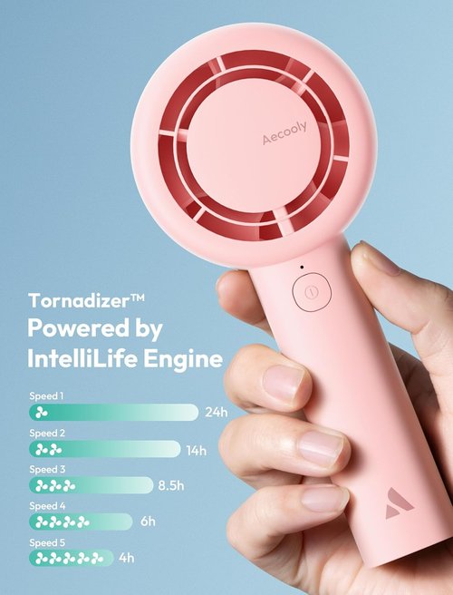 Aecooly Portable Handheld Turbo Fan - 5 Speed USB Rechargeable Mini Cooling Fan | 24H Max Cooling Time - Pink