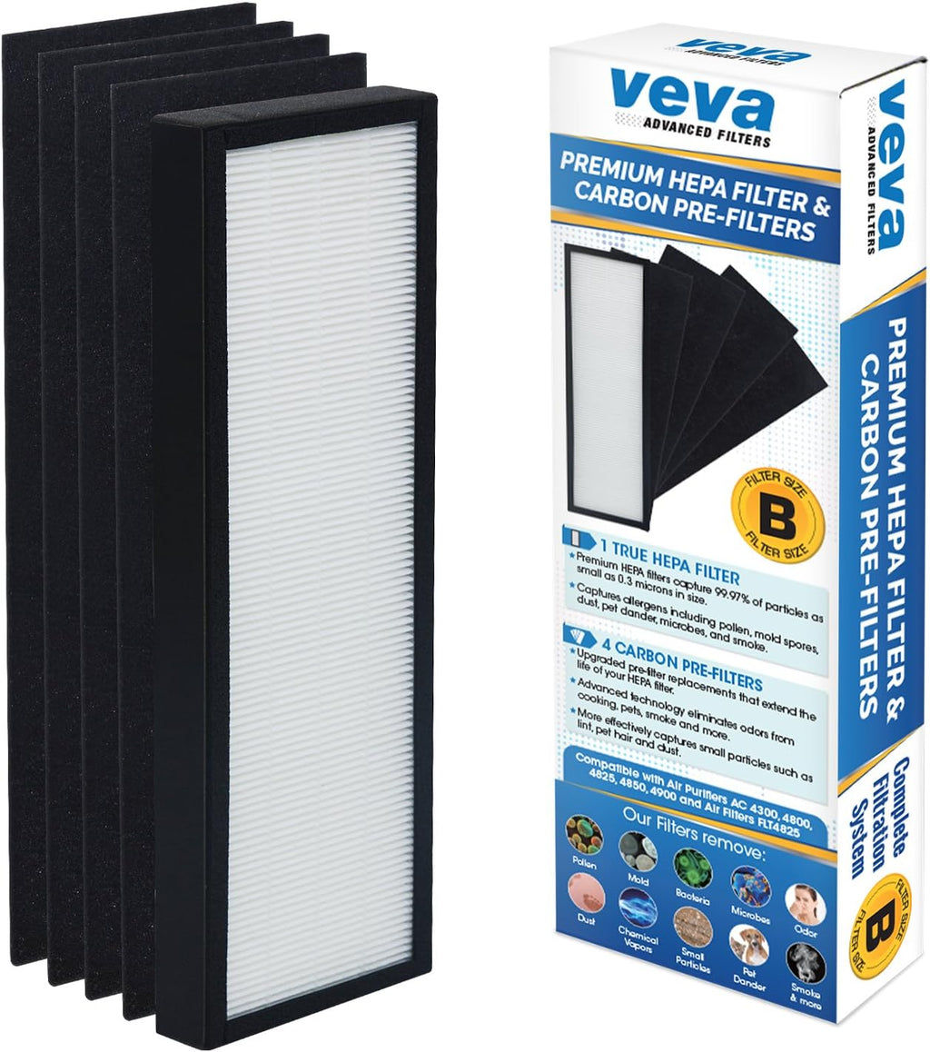 Veva HEPA Filter B - Compatible Replacement for Germ Guardian AC4825 | Includes 1 HEPA Filter & 4 Carbon Pre-Filters