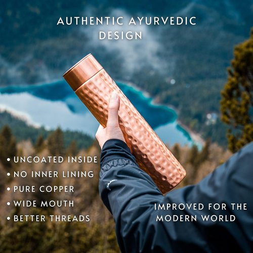 Copper Water Bottle - 34oz Hammered Vintage Modern Design - A Handcrafted Ayurvedic Pure Copper Vessel For Drinking - Drink More Water, Lower Your Sugar Intake And Enjoy The Health Benefits