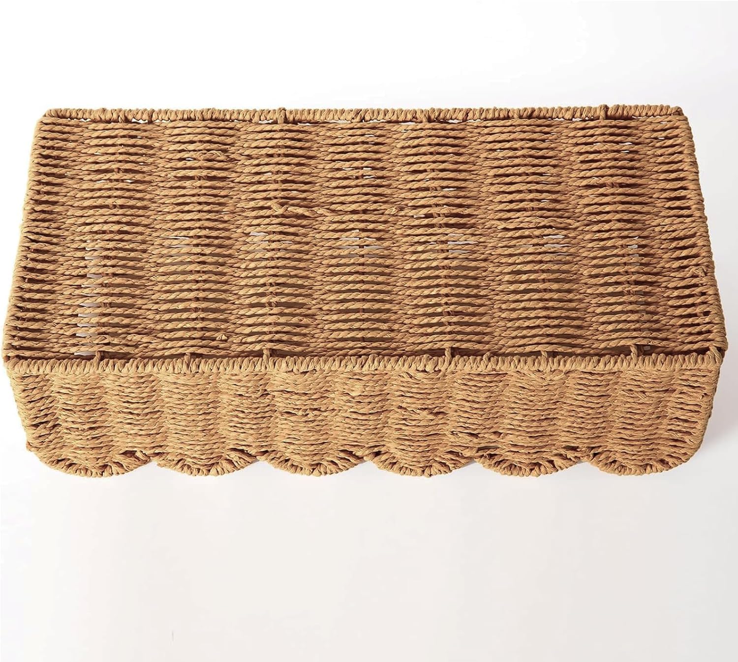 Scalloped Organizer Basket - Hand Woven Paper Rope Toilet Tank Storage with Wooden Handle | 14.2 x 6.5 x 5 Inches