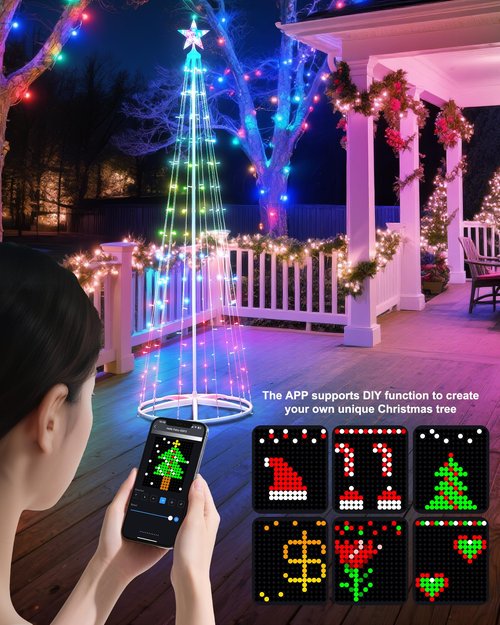 7.5Ft Smart LED Christmas Cone Tree Light, Lighted Artificial Tree with Star Topper, Music Sync with Remote APP Control, DIY RGB Light Show Tree for Xmas Indoor Outdoor Decorations (RGB)