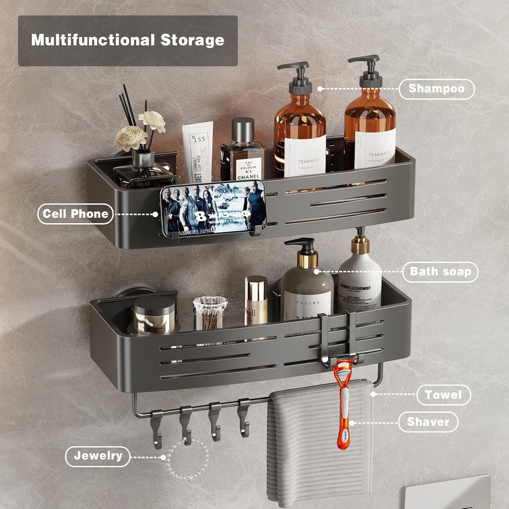 Voldra Shower Caddy - No-Drill Suction Cup Organizer with Towel Bar & Hooks | 2 Pack Gray Shelves