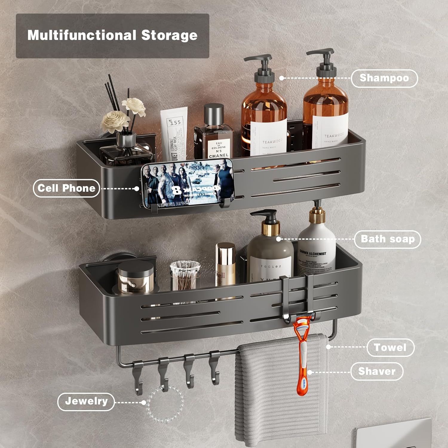 Voldra Shower Caddy - No-Drill Suction Cup Organizer with Towel Bar & Hooks | 2 Pack Gray Shelves