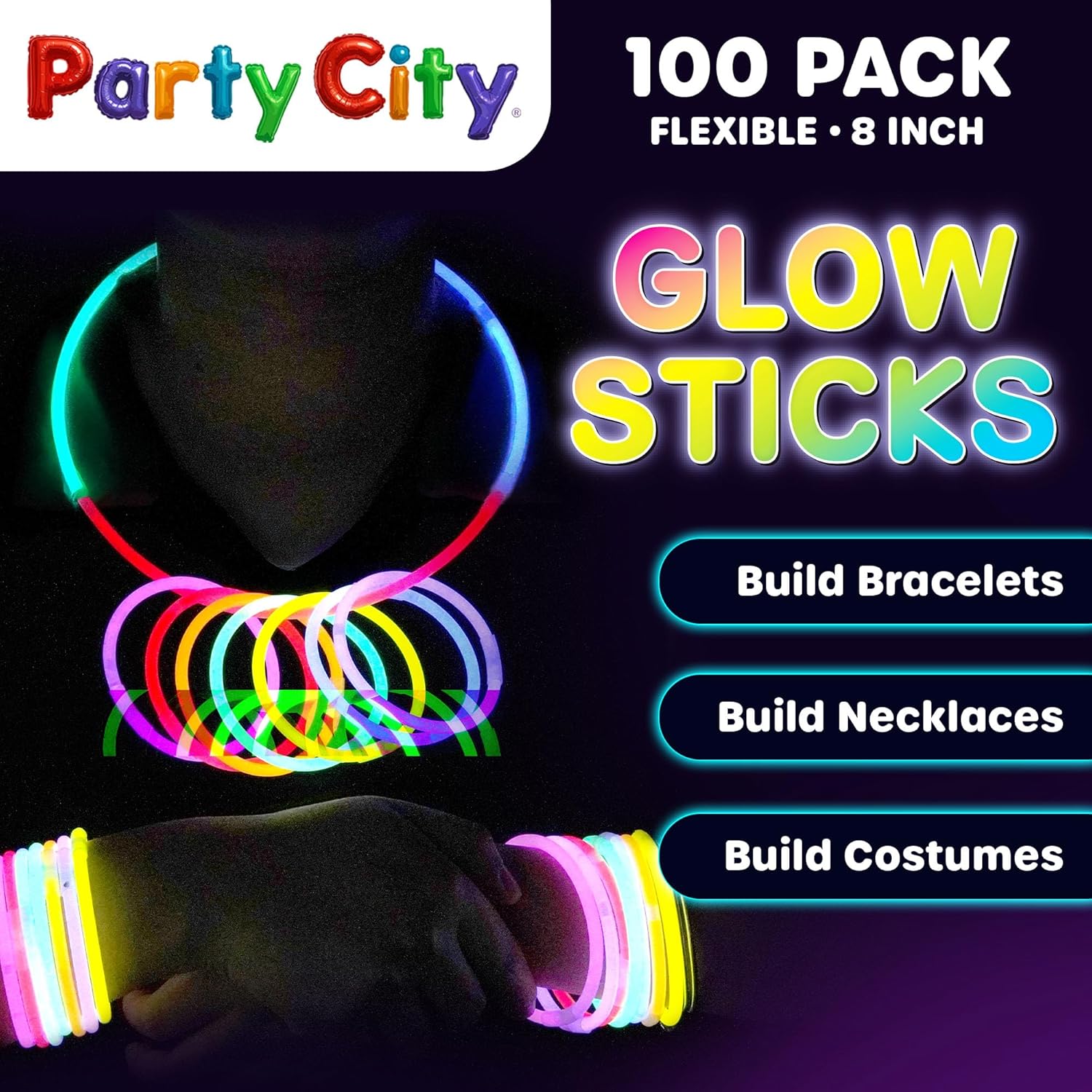 Party City Glow Sticks Bulk Pack - 100 Neon 8” Glow in the Dark Light-Up Favors for All Ages