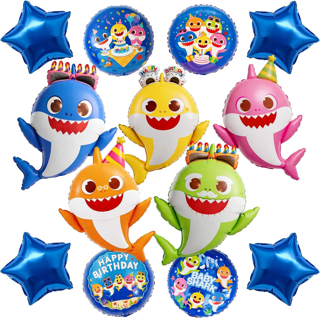PartyWoo Baby Shark Family Foil Balloons - 13pcs Blue Round & Star Mylar Helium Balloons for Kids' Birthday Party Decorations