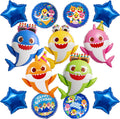 PartyWoo Baby Shark Family Foil Balloons - 13pcs Blue Round & Star Mylar Helium Balloons for Kids' Birthday Party Decorations