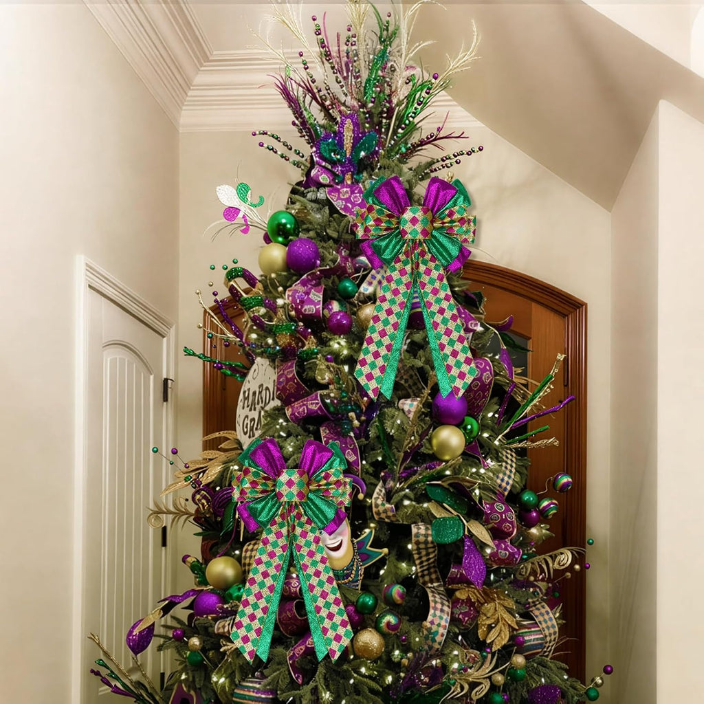 Skiennix Mardi Gras Bows - 12”x20” Large Glitter Tree Topper Decor for Holiday Parties | Gold, Green, Purple