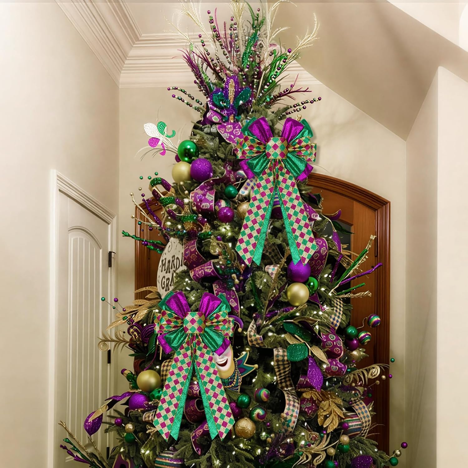 Skiennix Mardi Gras Bows - 12”x20” Large Glitter Tree Topper Decor for Holiday Parties | Gold, Green, Purple