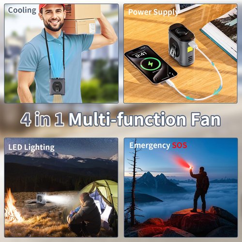 EEIFO Portable Waist Fan Clip On 10000mAh Wearable Belt Personal Fan Rechargeable Battery operated with 5 Speeds Wind and Light 40H Hands-Free for Cooling Outdoor Camping(Grey)