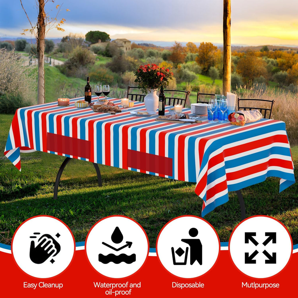 Skiennix Disposable Plastic Tablecloths - Patriotic Striped Design | 3-Pack 72”x54” for Fourth of July Parties