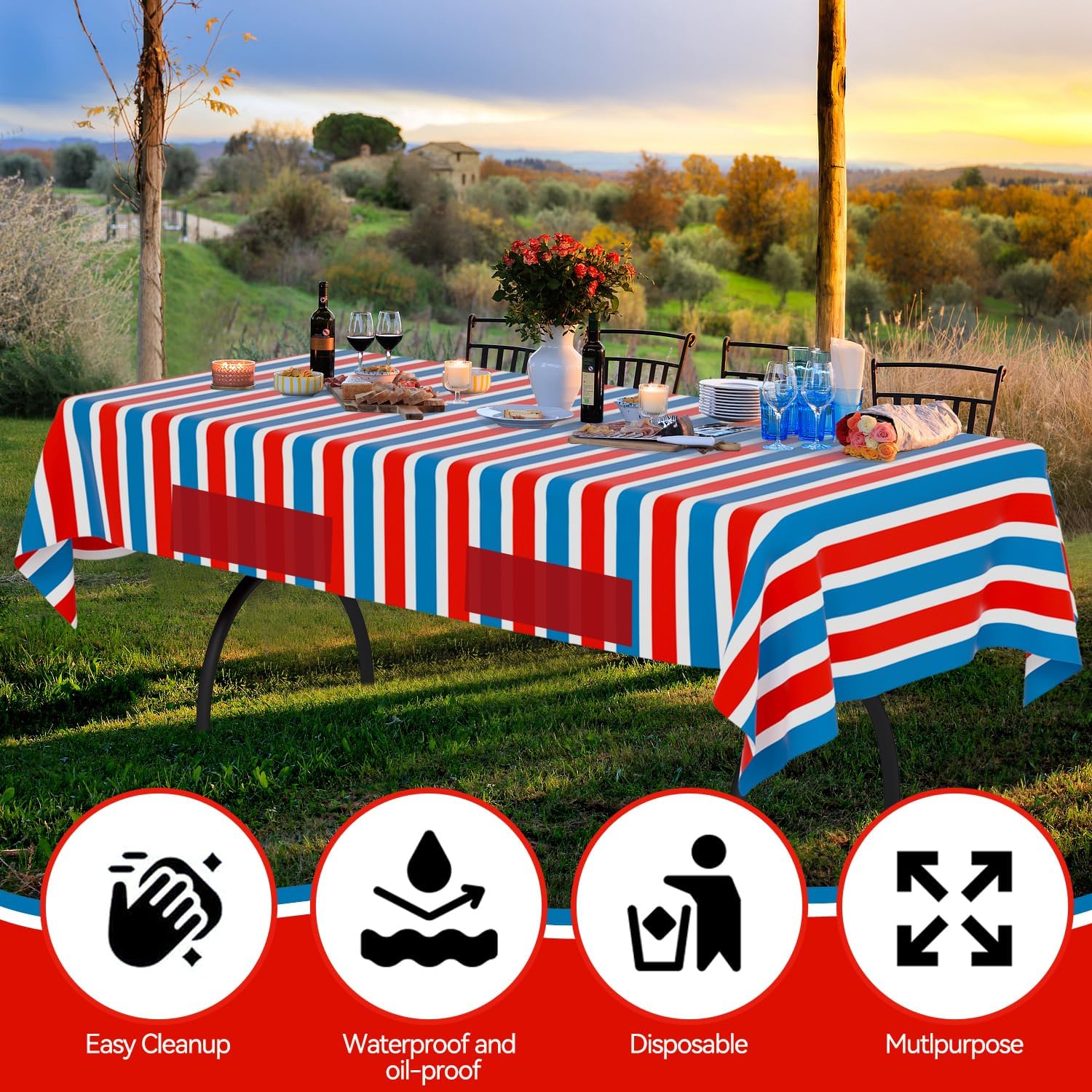 Skiennix Disposable Plastic Tablecloths - Patriotic Striped Design | 3-Pack 72”x54” for Fourth of July Parties