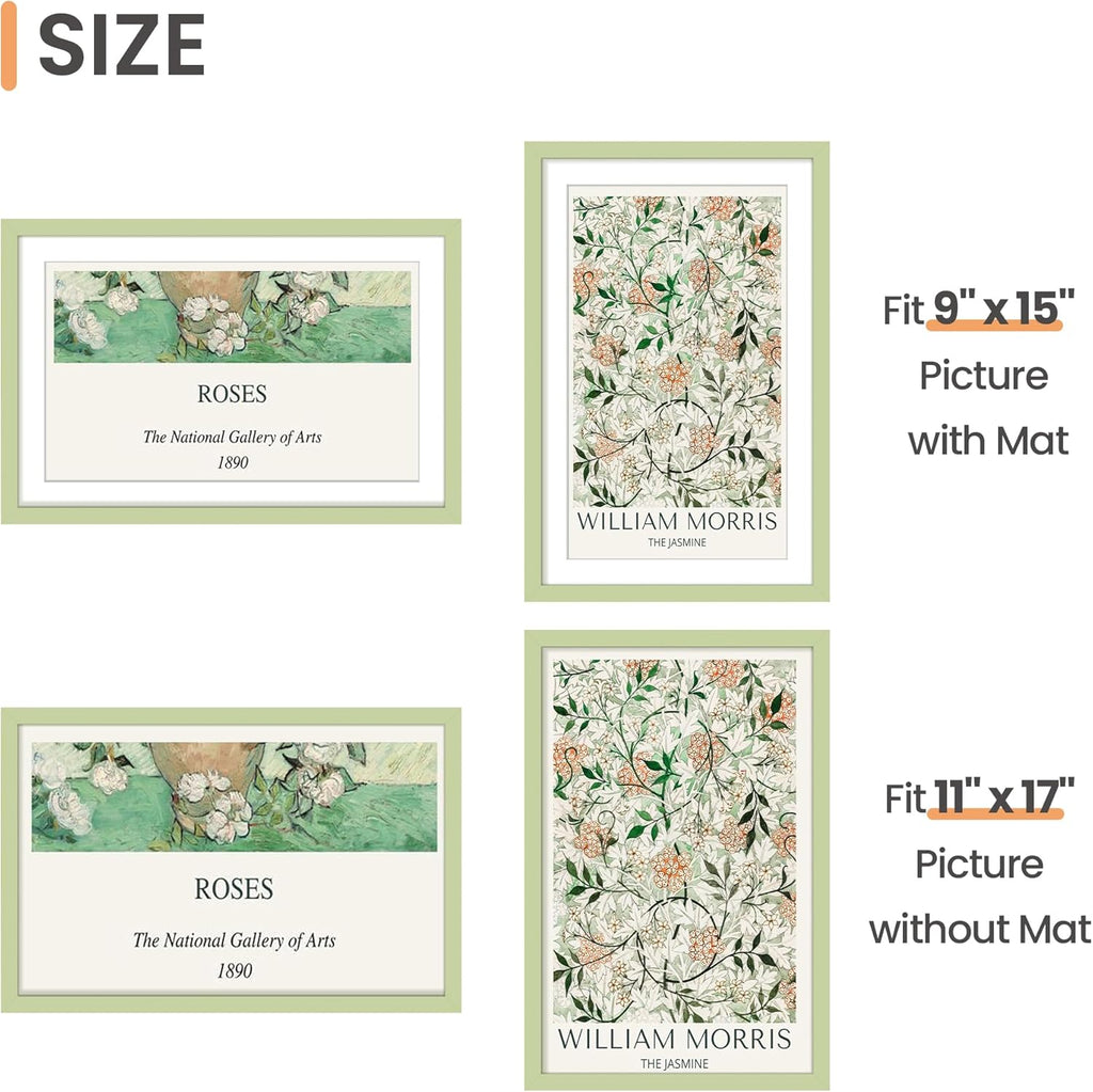 Upsimples 11x17 Picture Frame - Versatile Display for 9x15 Photos with Mat or 11x17 Without - Green