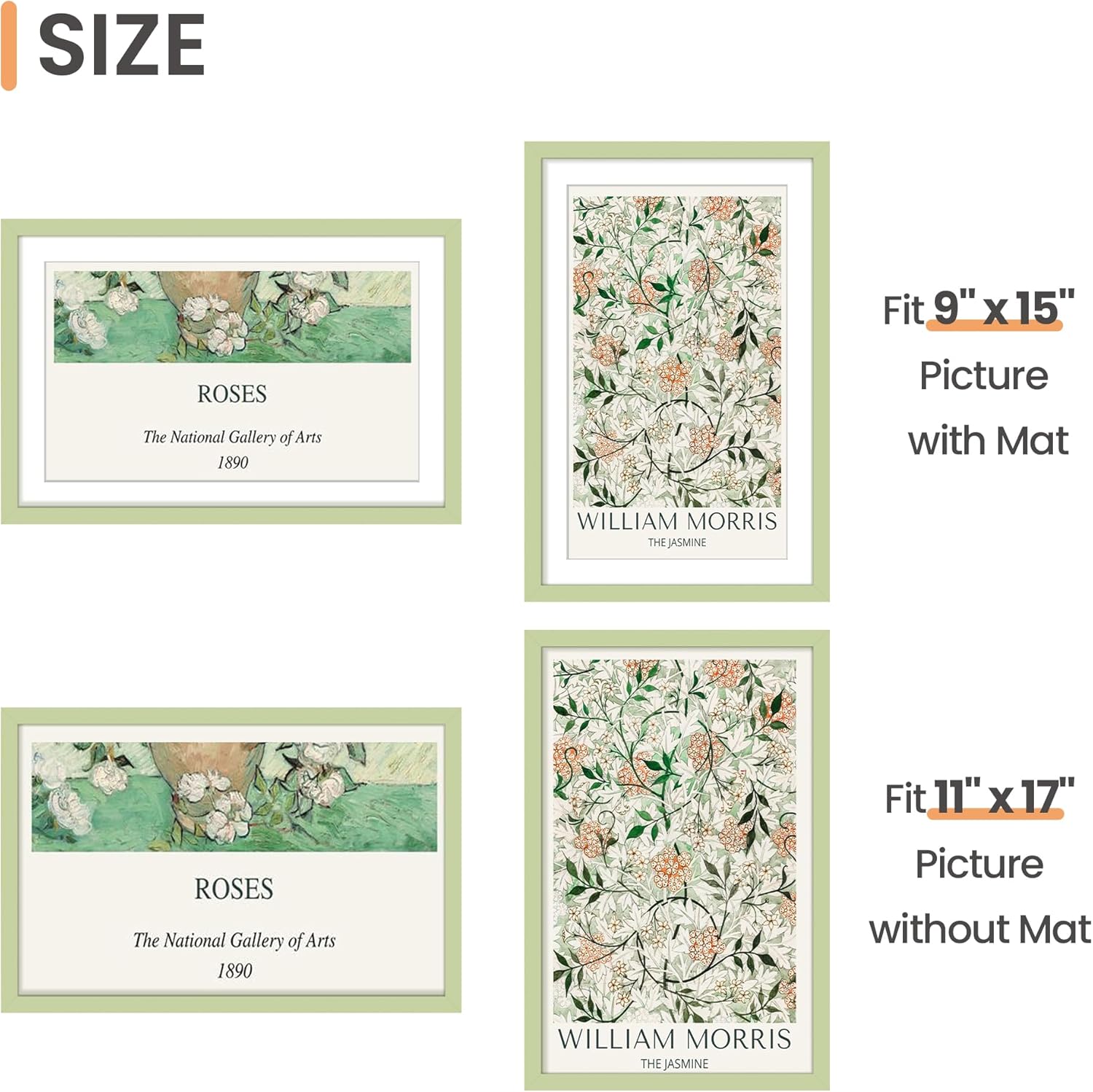 Upsimples 11x17 Picture Frame - Versatile Display for 9x15 Photos with Mat or 11x17 Without - Green