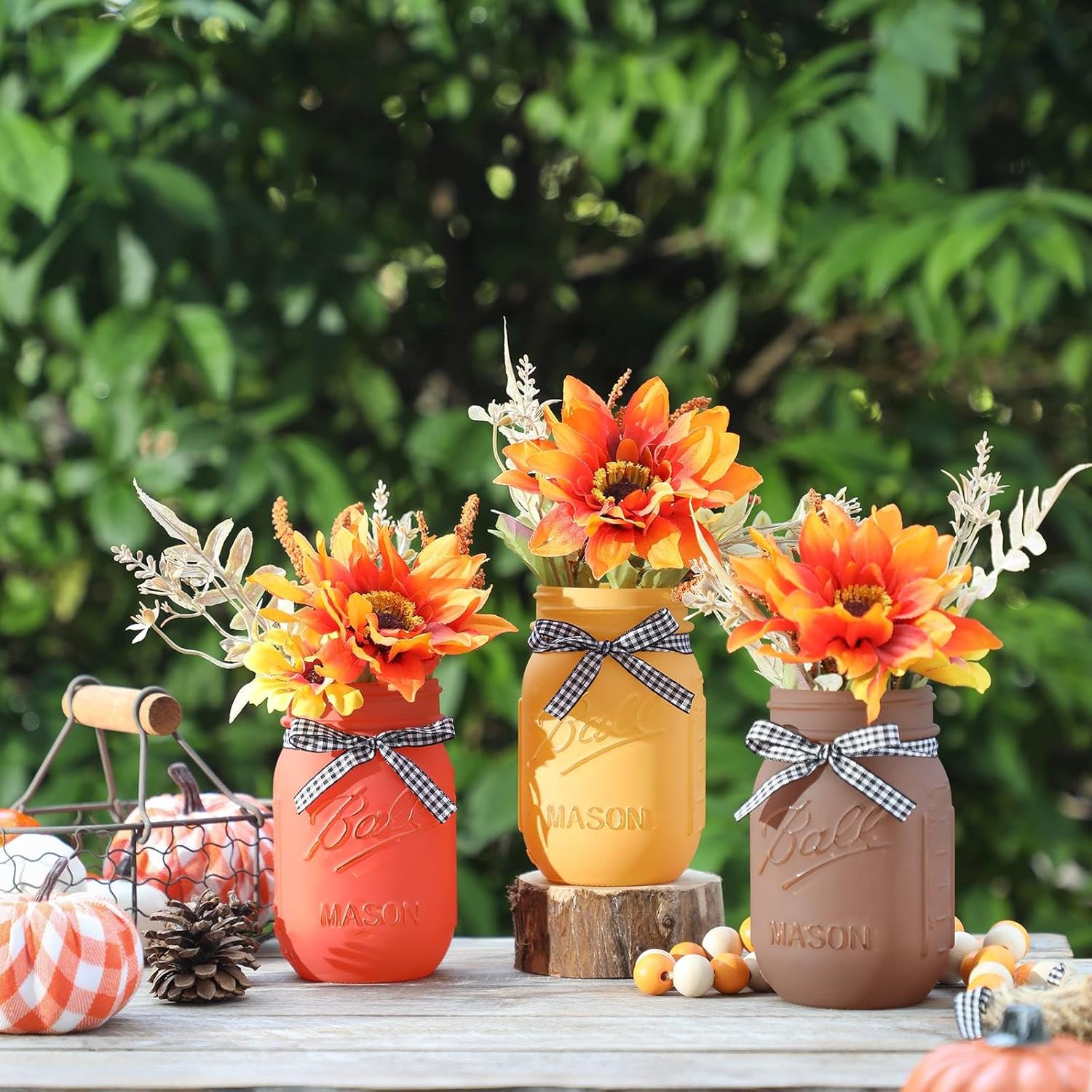 Skiennix Fall Mason Jar Centerpiece - Set of 3 Decorative Jars with Artificial Flowers for Thanksgiving Decor