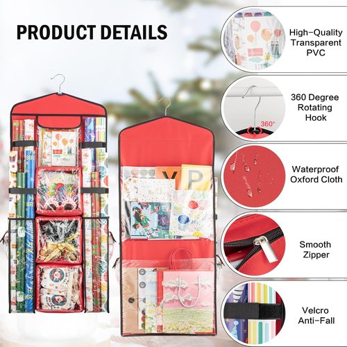 Christmas Wrapping Paper Organizer - Double-Sided Storage for Gift Bags & Wrapping Paper | Red