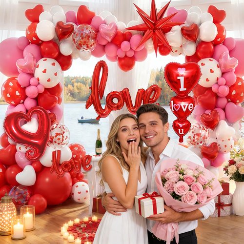 172pcs Valentines Balloon Arch Garland Kit with Pink White Red Confetti Heart shape Balloons I Love You Foil Balloons Explosion Star Balloons Rose Petals for Anniversary Wedding Romantic Decorations