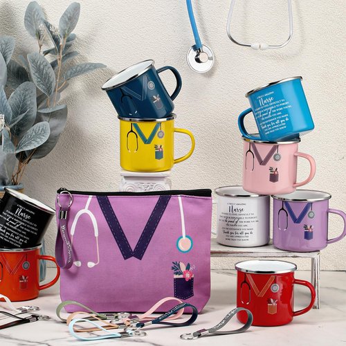 Hushee Nurse Appreciation Gift Bulk 12 Oz Enamel Mug Stethoscope Sign Makeup Bag Silicone Keychain Valentines Day Gift for Nurse Nursing Assistant(30 Pcs,Bright Color)