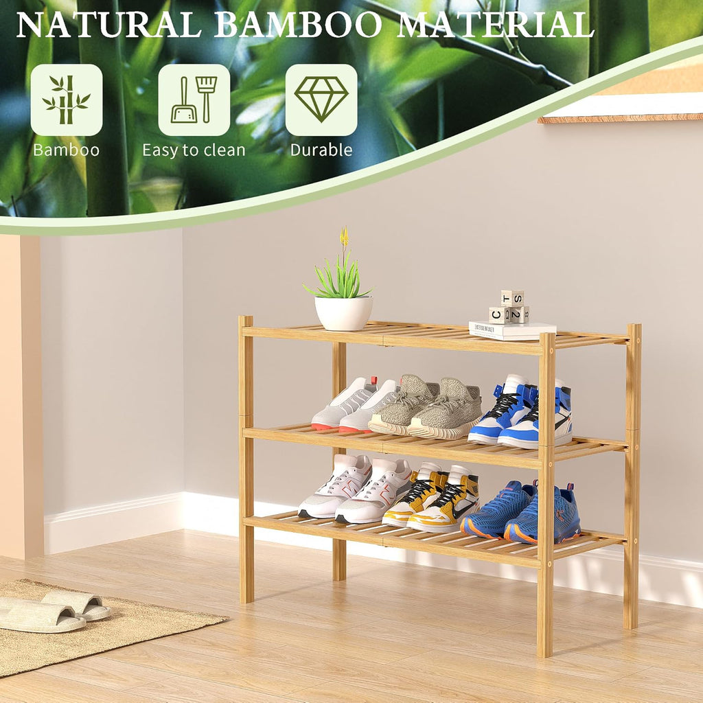 ROMGUAR CRAFT 3-Tier Bamboo Shoe Rack - Stackable Wood Storage Organizer for Small Spaces | 27"x11"x20" (Natural)