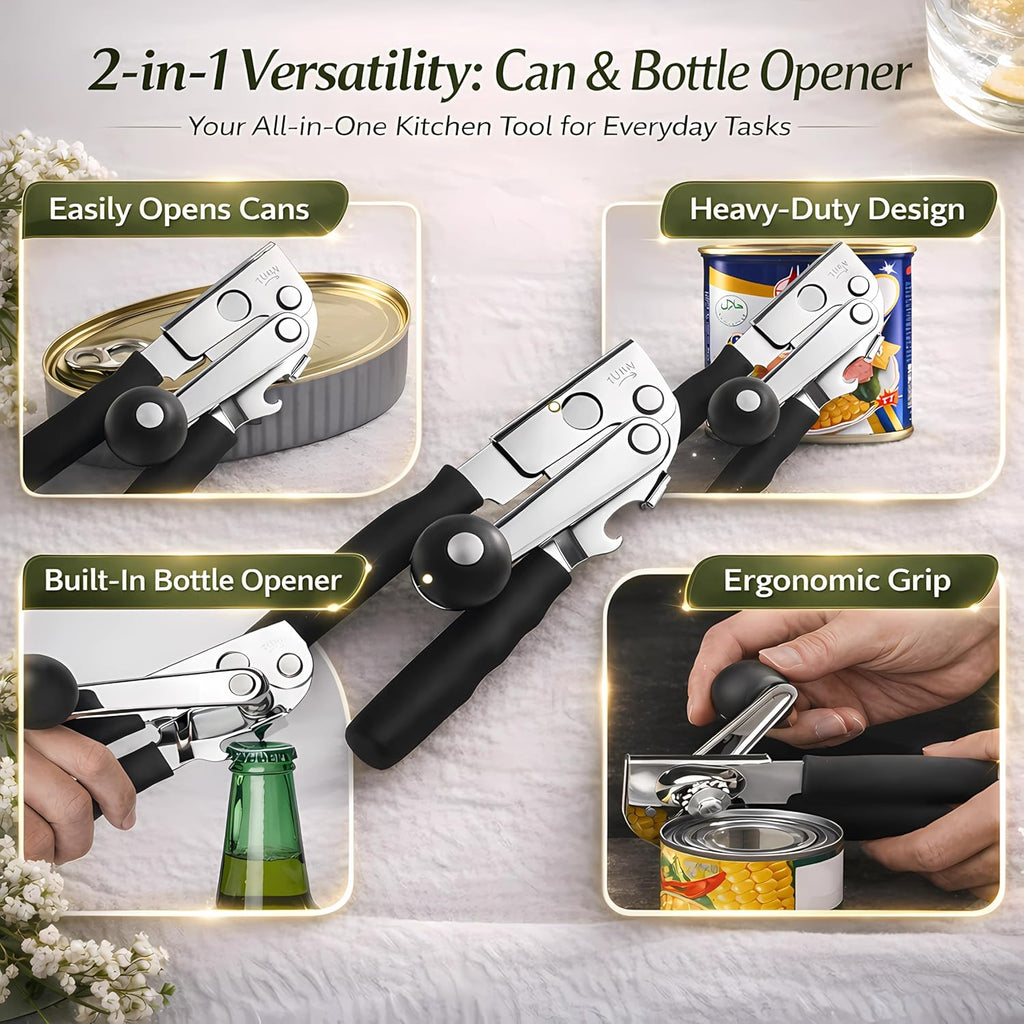 Skiennix Heavy Duty Manual Can Opener - Stainless Steel with Magnetic Lid Lifter & Bottle Opener