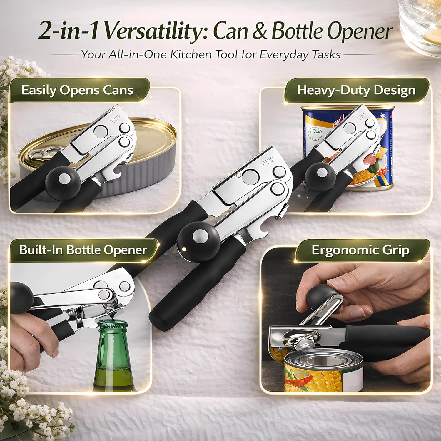 Skiennix Heavy Duty Manual Can Opener - Stainless Steel with Magnetic Lid Lifter & Bottle Opener