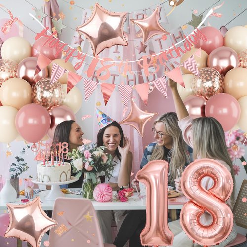 Jobkoo 18th Birthday Decorations for Girls, Retro Pink Nude Number 18 Balloon Set Happy 18th Birthday Banner Cake Topper Dusty Pink Beige Rosegold Star Balloons for Boho 18 Year Old Bday Party Decor