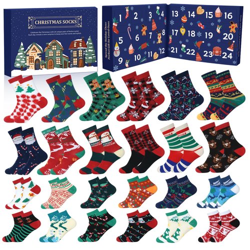 Mason Life Christmas Socks Advent Calendar, 24 Days Countdown Calendar Gifts, 2025 Festive Holiday Countdown with 24 Pairs of Christmas-Themed Winter Warm Slipper Soft Fluffy Socks with Gift Boxes