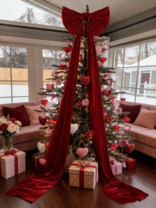UQJE 32 x 250 in Red Big Bow Valentine's Day Decorations Giant 3D Velvet Ribbon Bows Tree Topper Decor for Party Birthday Christmas