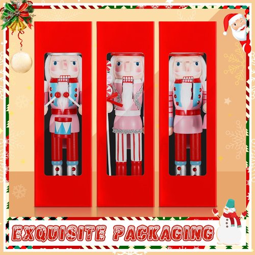 Geetery 3 Pcs Valentine Nutcracker Figures Decor 14 Inch Wood Pink Nutcracker Table Centerpiece Valentine Gift for Holiday Shelves Indoor Tabletop(Cake Style)