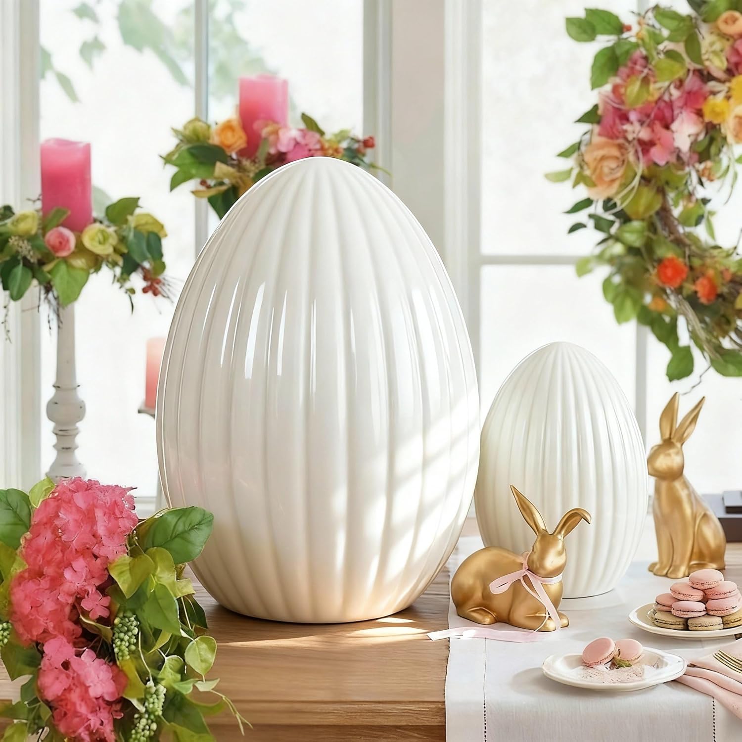 Skiennix Large Ceramic Easter Egg - White Spring Table Centerpiece for Minimalist Decor | 2 Pcs Set