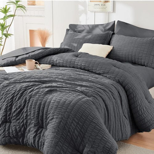 HYMOKEGE Full Size Comforter Set - Luxurious 7-Piece Seersucker Bedding in Dark Grey | All-Season Comfort