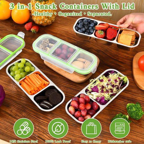 UPTRUST Reusable Snack Containers with Lids, 2pcs Stainless Steel 3-Compartment Snack Box, Divided and Leak-Proof Design for Take-Out Condiments and On-the-Go Snacks