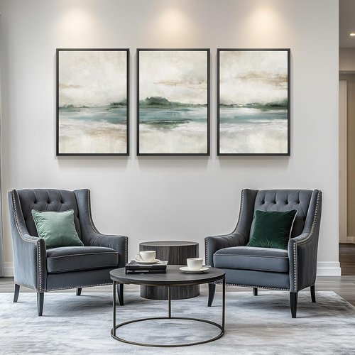 Large Framed Abstract Nature Landscape Wall Art - Set of 3 Modern Canvas Prints | 24x36 Inch Green Lake Decor