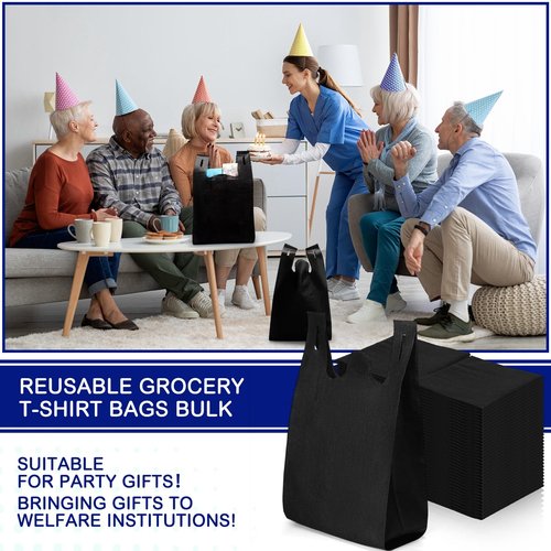 Windyun Large Grocery T-shirt Bags Bulk Reusable Non Woven Shopping Bag Foldable Gift Tote with Handle, 21x11x6 Inch(200 Pcs,Black)