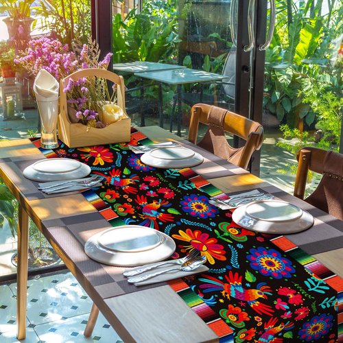 Linen Mexican Fiesta Table Runner 24 Pack Decoration 72×13in Long De Mayo Farmhouse Runner Dia De Los Muertos Runners Kitchen Dining Home Table Decoration Day of The Dead Decor and Supplies