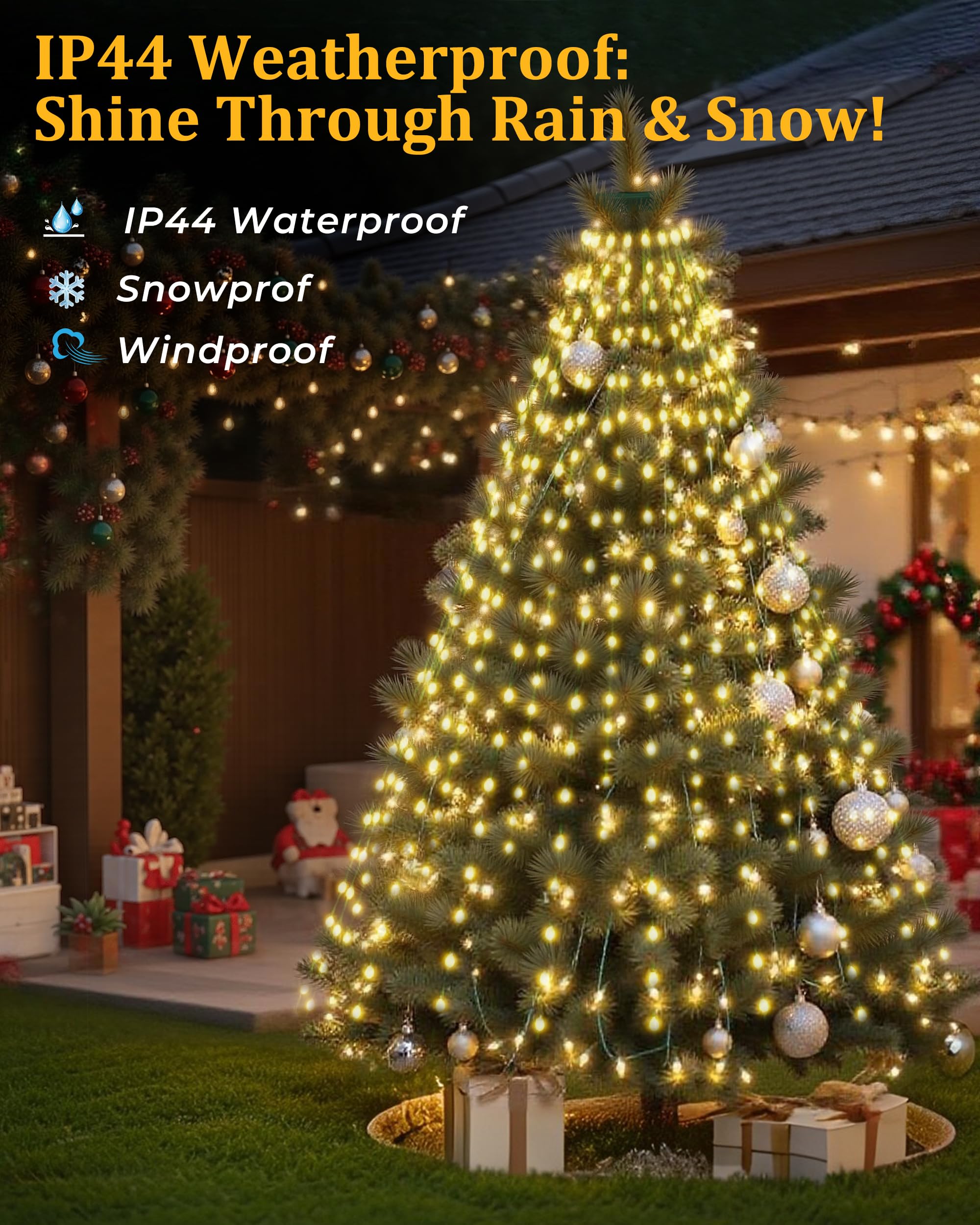 Tomanwai Christmas Tree Lights, 400 LED Christmas Lights with 8 Light Modes & Memory Function, 6.6FT x 16 Lines Outdoor Christmas Light with Timing Function for Christmas Decorations - Warm White