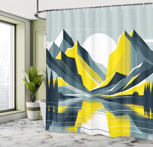 Ambesonne Lake Shower Curtain, Mid Century Modern Boho Art of Sunrise Scenery with Minimalist Mountains, Cloth Fabric Bathroom Decor Set with Hooks, 69" W x 70" L, Mustard Purpleblue White