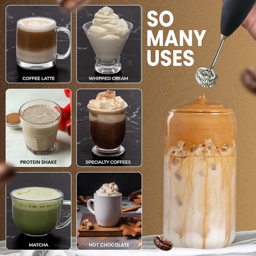 Cafe le Rou Milk Frother Handheld Battery Operated -* DOUBLE WHISK * with Stand. Batteries included. Electric Foam Maker, Drink Mixer with Stainless Steel Whisk